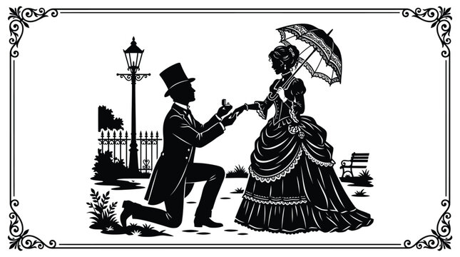 Elegant vector illustration of a victorian gentleman proposing marriage to a lady in black silhouette