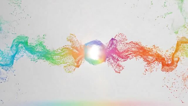 Colorful particles forming two arrows in a circular flow on a white background.