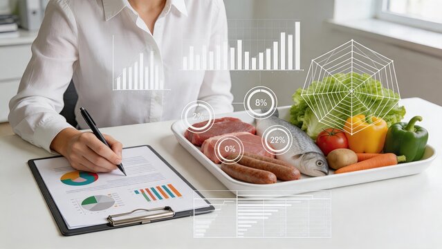 Nutritionist analyzing healthy food tray with meat and vegetables, dietary balance and health data charts overlay concept
