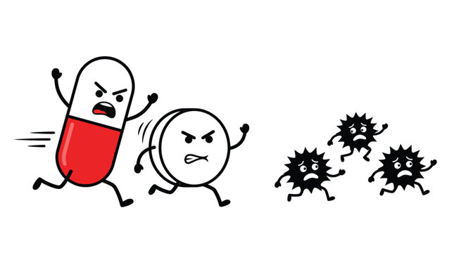 Angry medicine pills chasing away scared black virus characters in this colorful flat vector graphic illustration