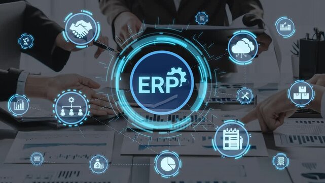 ERP icons show management, integration, and business process. ERP supports data management, ERP efficiency, and ERP organizational solutions. Funnel