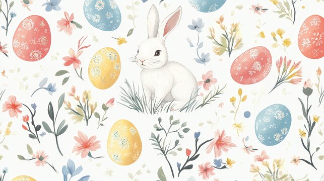 Seamless Easter pattern featuring adorable bunnies, colorful pastel eggs and spring flowers in soft whimsical design. Holiday background for decoration, fabric printing and seasonal celebration.
