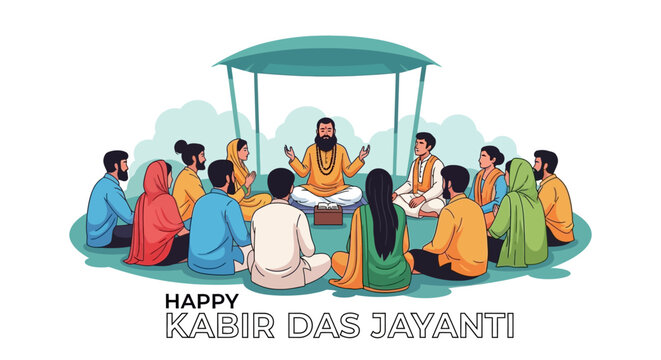 Celebrating Kabir Das Jayanti with a spiritual gathering of people listening to a guru under a canopy