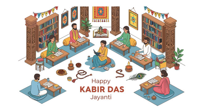 Celebrating Kabir Das Jayanti with a gathering of people studying sacred texts in a library setting