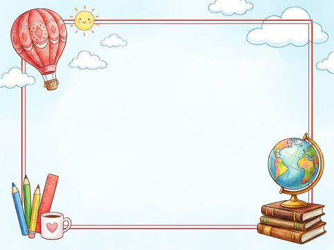 Colorful educational border with school supplies and globe on light blue background