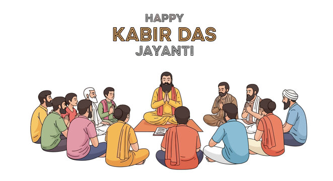 Happy Kabir Das Jayanti celebration with a spiritual guru teaching disciples in a traditional gathering
