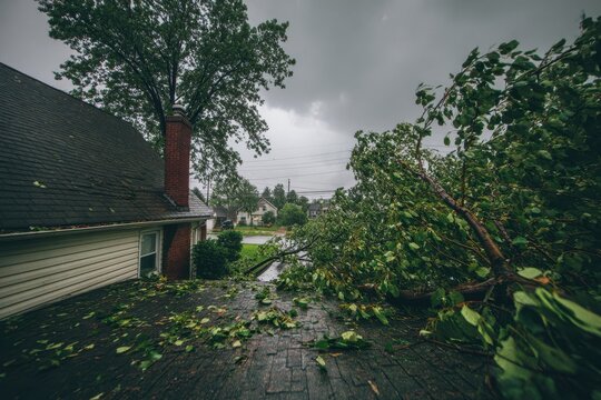Exterior scene of a home roof with a fallen tree and green foliage after a summer storm