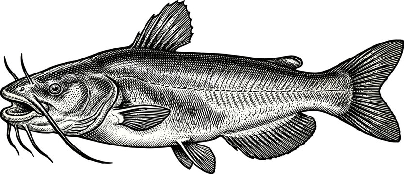 Detailed vintage black and white engraved illustration of a catfish isolated on a white background