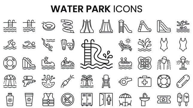 Water park icons set including slides and swimming pool elements