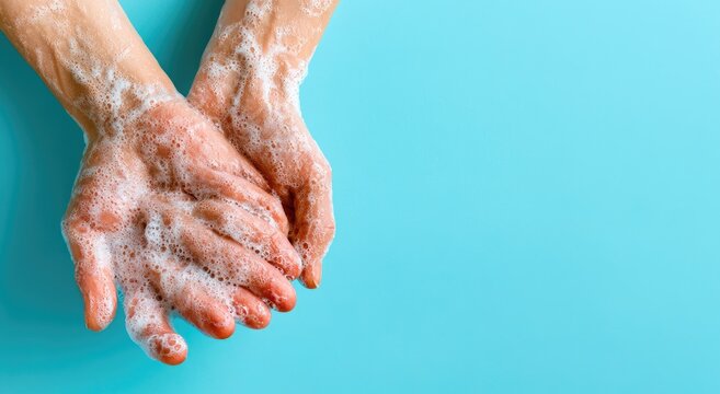 Soapy hands being washed, with foam and bubbles against a bright blue background