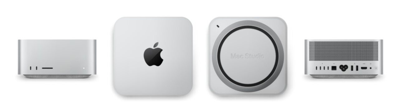 Photorealistic detailed Apple Mac Studio M4 Max 2025 mockup. Real dimentions. Top, front, lower and back views isolated on white background. Vector editorial illustration