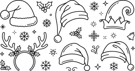 Christmas Santa hat vector line art set with elf reindeer antlers headband snowflake outline icons for holiday decoration © MdShakib