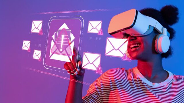 Young Person in Virtual Reality Headset Engaging with Digital Mail Alerts and Communications in a Futuristic Environment Sigmoid