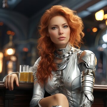 Redhead Woman in Silver Futuristic Fashion at Retro Diner