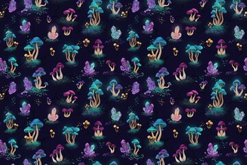 Naklejka premium Seamless pattern with glowing bioluminescent mushrooms and sparkling crystals in purple, blue, and teal colors on a dark navy background texture