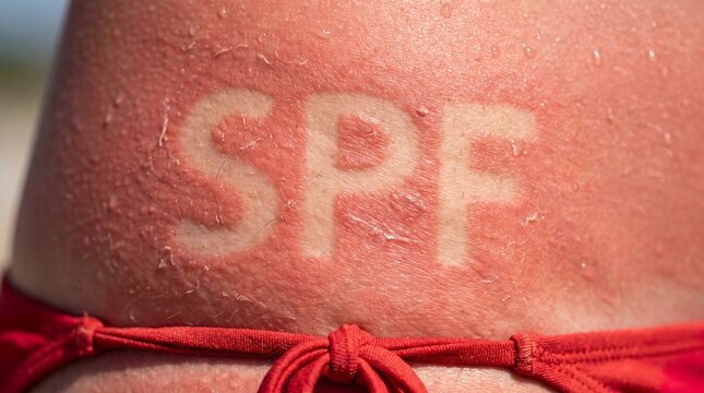 Extreme close-up of severely sunburned red skin featuring a pale SPF tan line above red bikini strings. Creative visual metaphor for UV danger, sun protection, and skincare warning.
