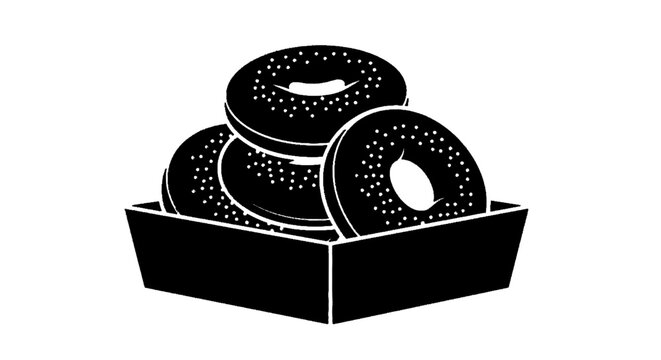 Minimal black silhouette icon, simple flat vector, bold black shape, no, no shading stack of fresh bagels in a cardboard box icon, vector illustration on a, flat icon style