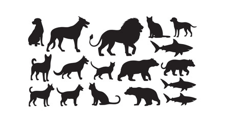 Naklejka premium Collection of various black animal silhouettes including dogs cats lions bears and sharks for creative design assets.