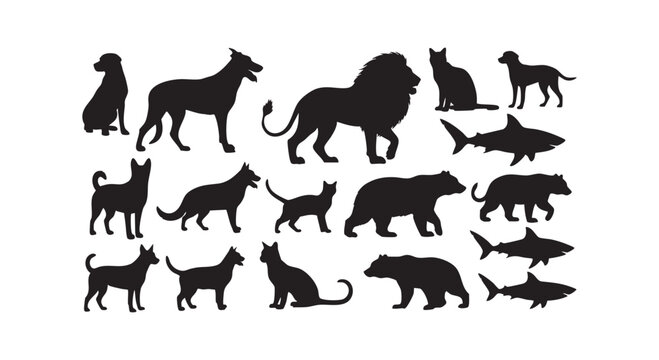 Collection of various black animal silhouettes including dogs cats lions bears and sharks for creative design assets.
