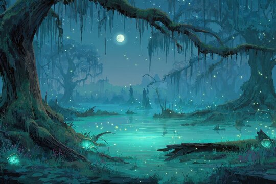 Enchanted night marsh scene with ethereal lights and misty banks