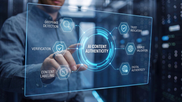 AI content authenticity framework for deep fake detection verification trust indicators source validation content labeling and digital authenticity in media governance