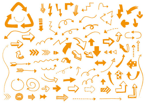 Hand drawn orange arrow vector icons collection set; rough doodle pointer mega pack with sketchy curves, business charts, recycling loops, and playful chevron bullets