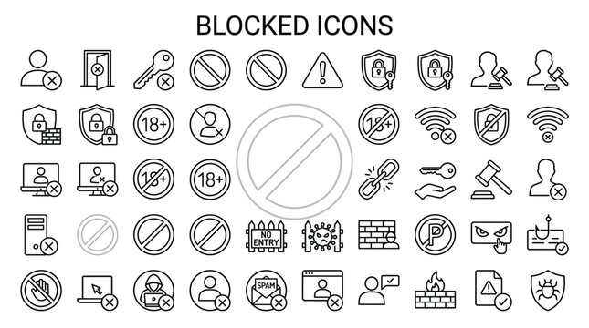 Blocked icons set for website security and restrictions concepts