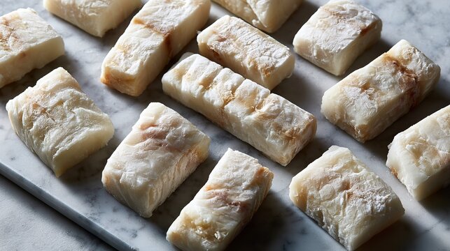 Raw fish fillets arranged on a marble surface for culinary preparation