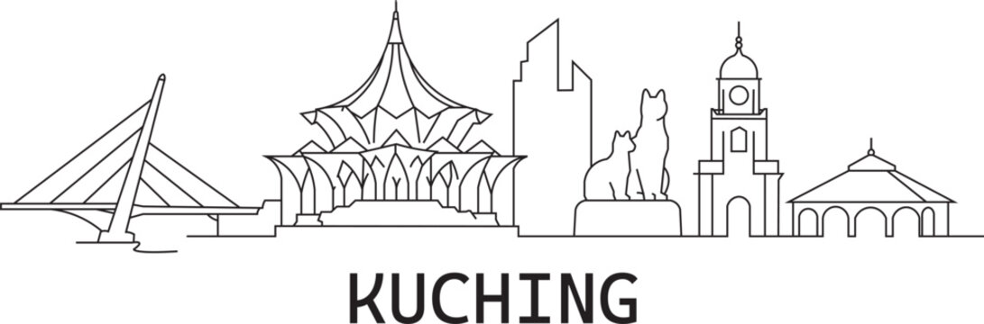Simple line art shows Kuching's skyline