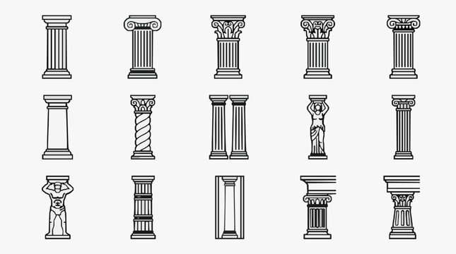 Clean Black and White Line Drawing Set of Classic Architectural Columns and Pillars with Detailed Designs
