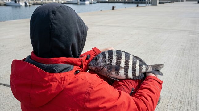 Person in bright red winter jacket holding large striped Sheepshead fish on concrete pier