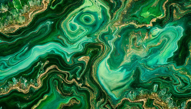 Vibrant malachite mineral surface with intricate swirling patterns of green and turquoise, accented with veins of shimmering gold, abstract natural stone texture, luxurious background.