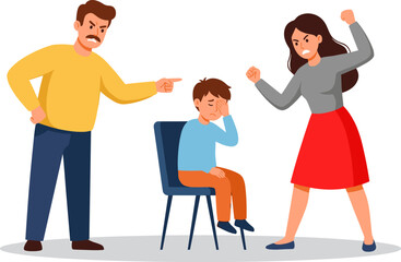 Obraz premium Vector illustration of angry parents scolding a sad child sitting on a chair during family conflict