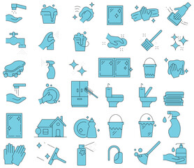 Fototapeta premium Home cleaning and housekeeping linear vector icons set; flat hygiene line symbol collection with spray bottles, washing bucket, scrubbing gloves, and bathroom toilet