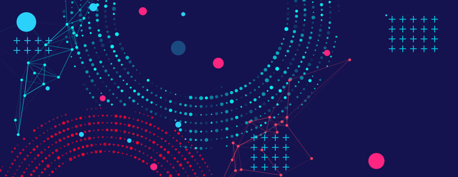 Vibrant abstract digital background showcasing interconnected data networks, dotted patterns, and geometric elements. Ideal for technology, business, and innovation themes.