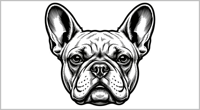 Vintage black and white French bulldog dog head portrait line art vector illustration isolated on white