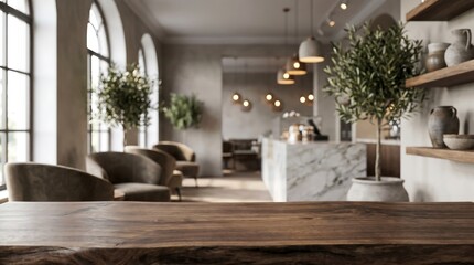 Fototapeta premium Empty Wooden Table in Modern Cafe Interior with Mediterranean Style for Product Placement Presentation Website Banner