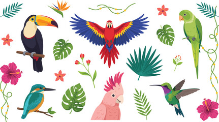 Cute Tropical Birds Vector Icon Set with Macaw Parrot, Toucan, Cockatoo, Kingfisher, Hummingbird, and Exotic Jungle Flowers for Nature Graphic Designs © Ismail