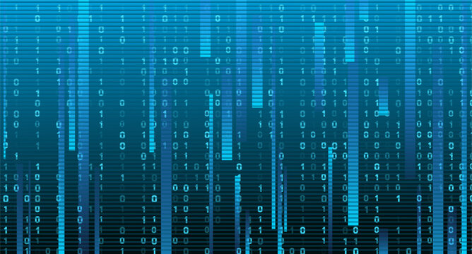 Digital background with binary code 0, 1 in a data stream matrix effect, featuring glowing blue and teal vertical lines for technology concepts.