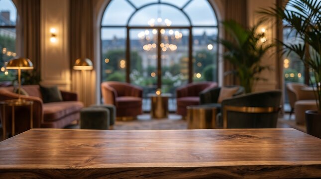Empty wooden table top with blurred luxury hotel lobby lounge background for product display in premium restaurant bar