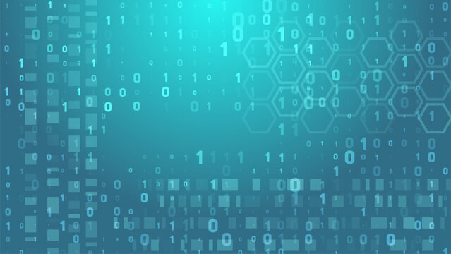 Vibrant bluegreen gradient background with abstract binary digits 0s, 1s and geometric hexagons, squares, representing digital data, code, technology, and futuristic concepts.