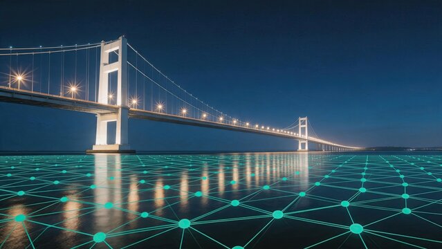 Illuminated suspension bridge at night with digital grid overlay, symbolizing smart infrastructure and global connectivity concepts.