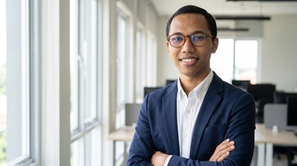 Fototapeta premium Smiling younger bank manager or investor, happy business man boss ceo, confident mid adult professional businessman executive standing in office, young entrepreneur headshot portrait.