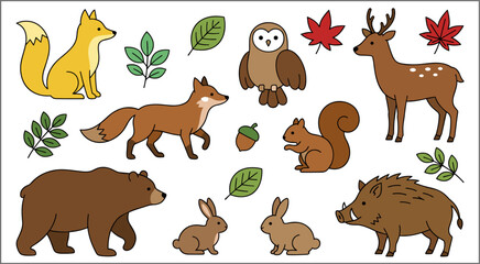 Fototapeta premium Woodland Forest Animal Collection with Fox Deer Bear Owl and Rabbit Illustrations