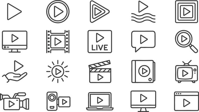 Multimedia Media Player Play Button Line Icon Set for Video Streaming Cinema Live Broadcasting and Digital Apps Designs