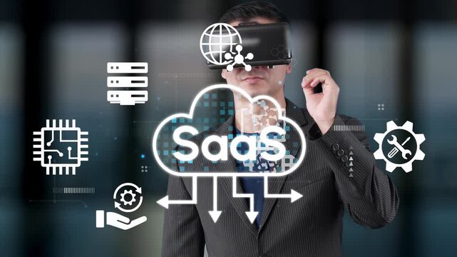 Businessman in Virtual Reality Environment Exploring Cloud Solutions with SaaS Concept and Digital Technology Icons for Future Innovation. Entropy.