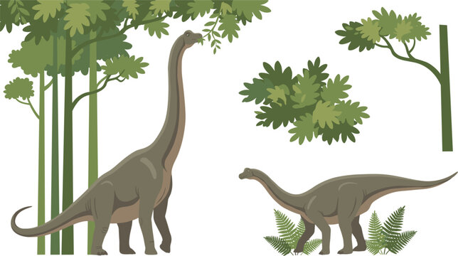 Brachiosaurus dinosaur vector illustration set with prehistoric jungle trees bushes and ferns for kids educational books and nursery room wall stickers
