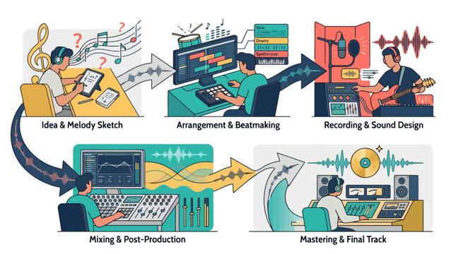 Music Production Workflow Infographic Showing Songwriting Recording Mixing And Mastering Process. EPS Editable
