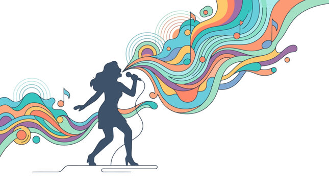 Silhouette of a female singer performing with colorful musical sound waves. EPS Editable