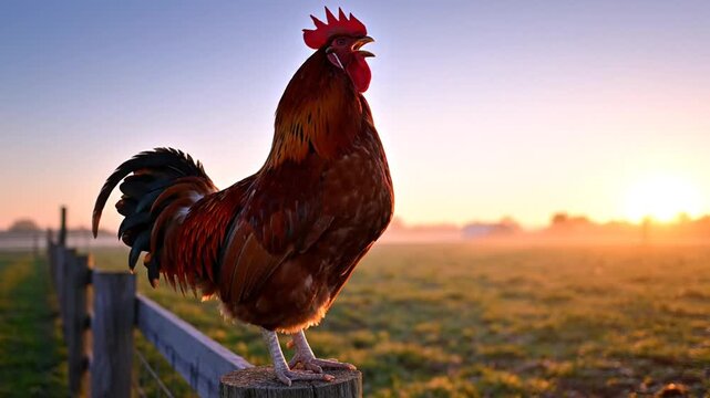 A rooster perches on a rustic fence in a green field at sunrise.